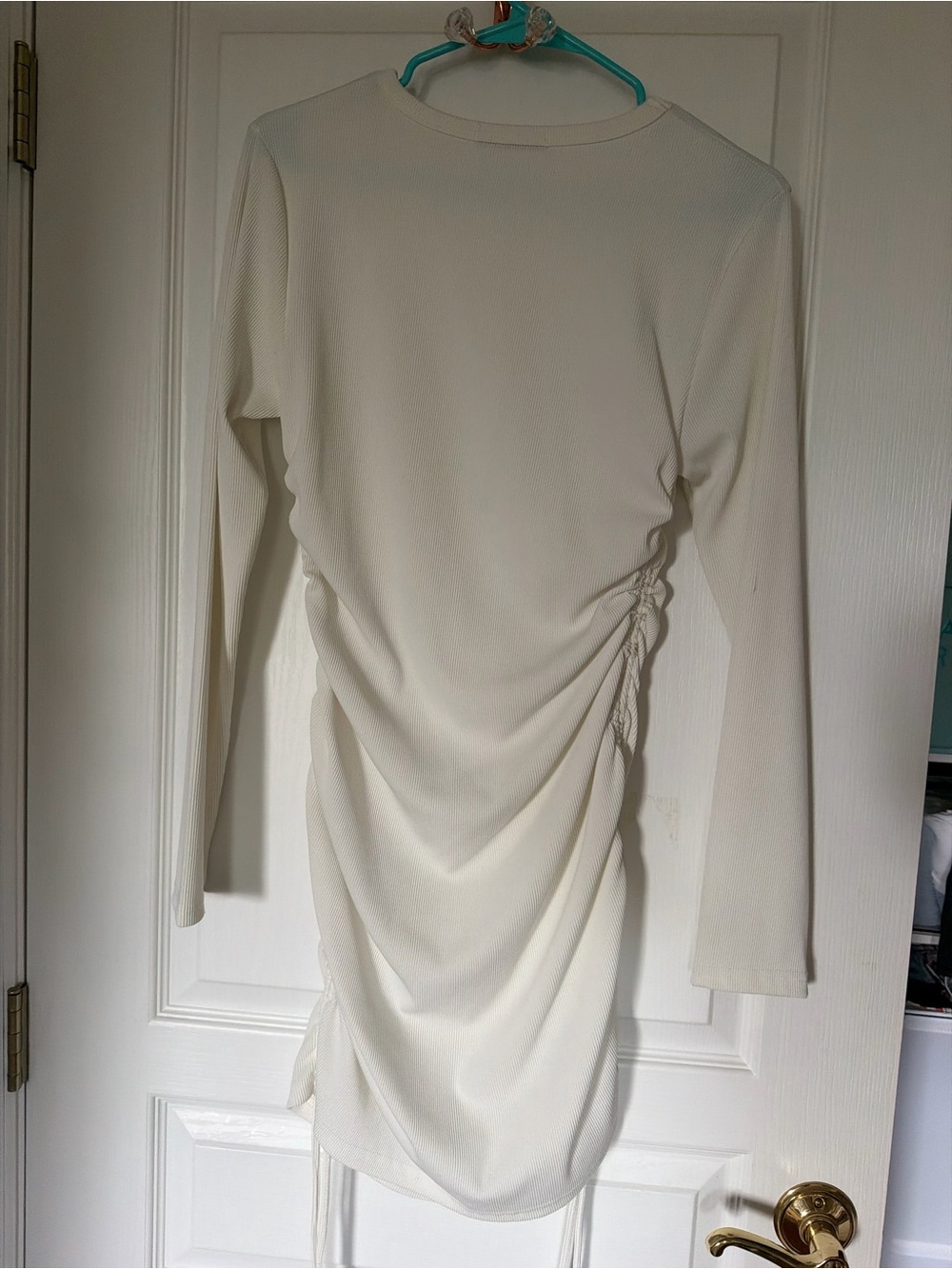 Elegant Long-Sleeve Ruched Side Dress — Cream